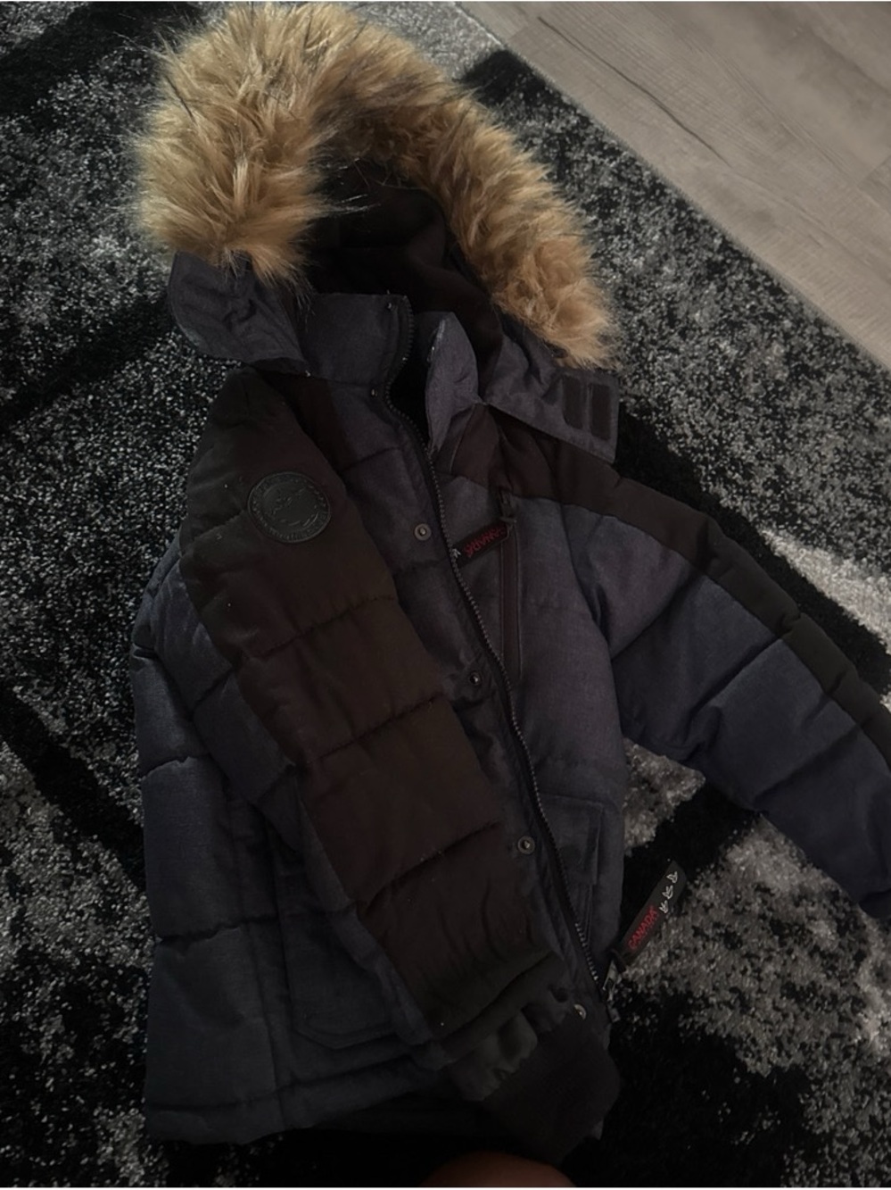 Kids Quilted Hooded Winter Jacket with Faux Fur - Black & Dark Gray